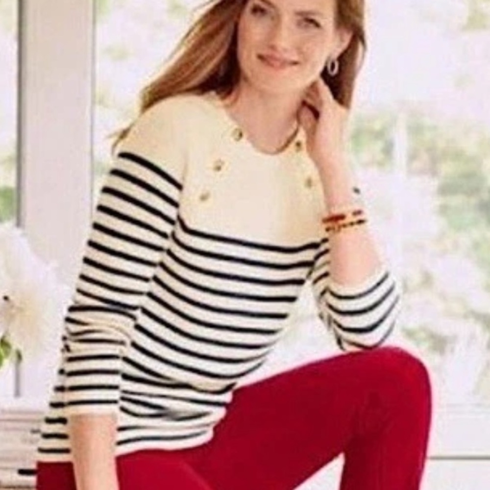 NWOT TALBOTS sXS navy striped sweater-rib knit-💯soft supima cotton-gold buttons